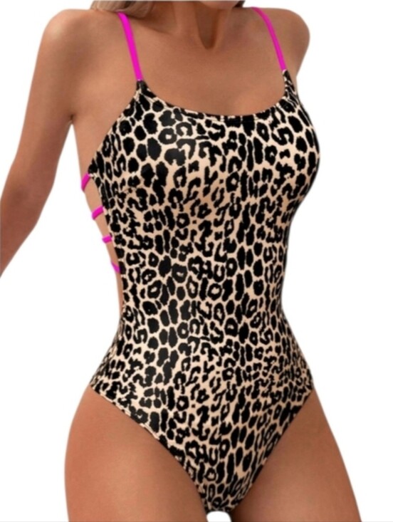 Other - Leopard Print One Piece Bathing Suit Pink Strappy Backless Cut Outs Ring Linked
